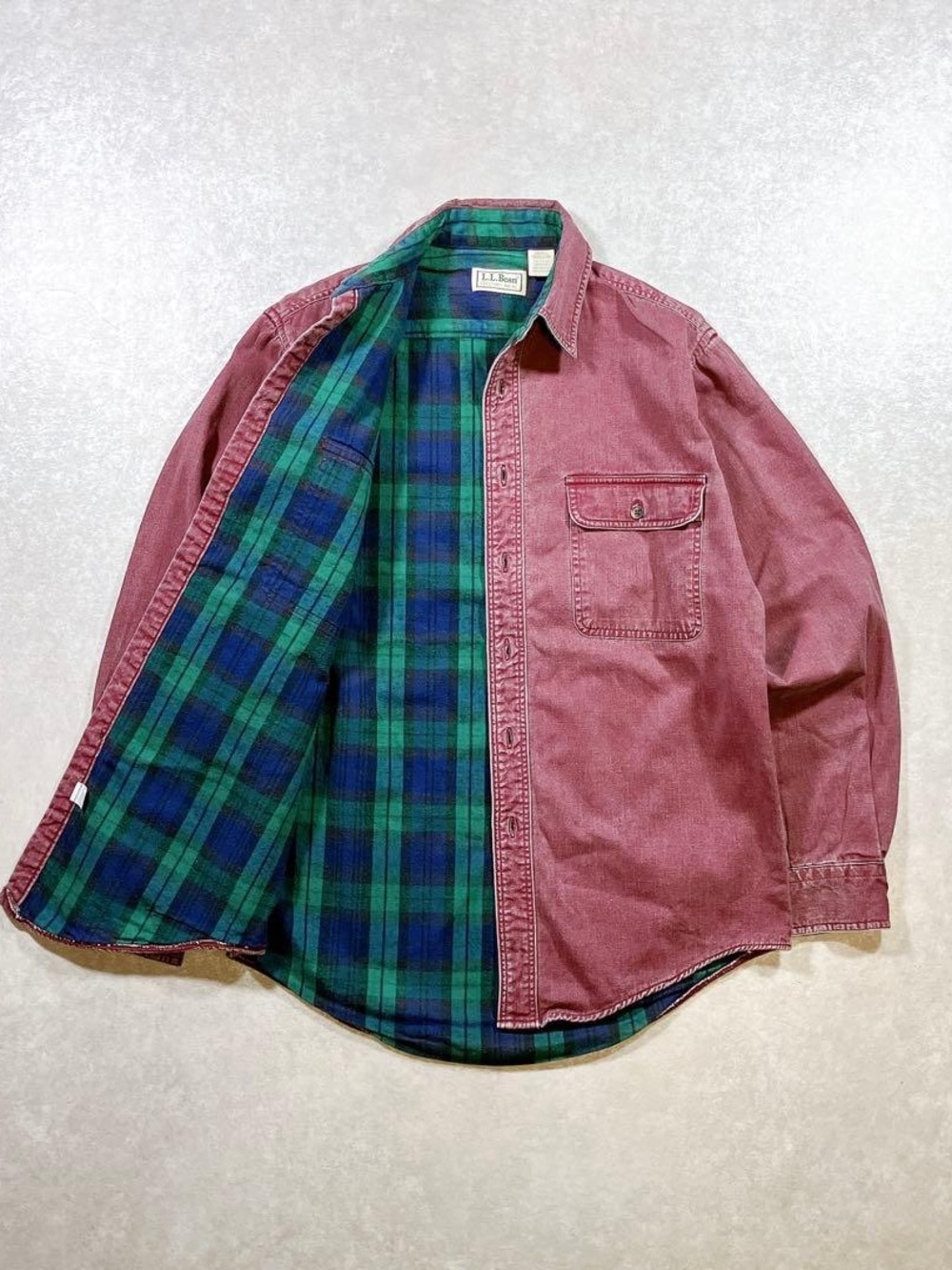 L.L. Bean Burgundy Shirt Jacket with Green & Navy Plaid Lining